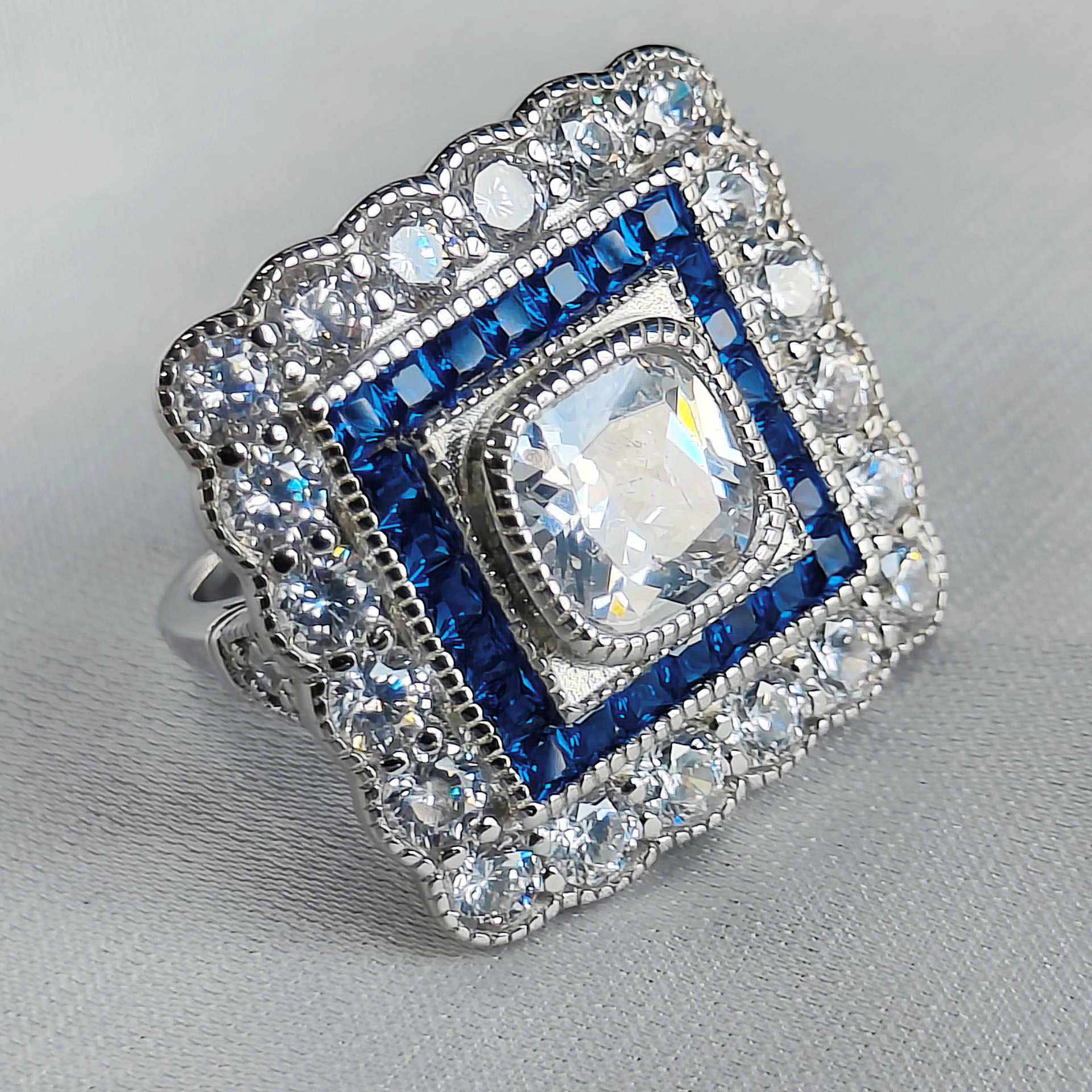5ct Art Deco Sapphire Halo Cushion Cut White Sapphire Ring