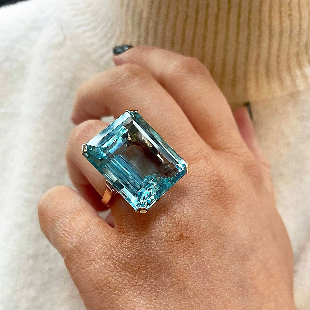 35.5ct Emerald Cut Aquamarine Sapphire Cocktail  Ring