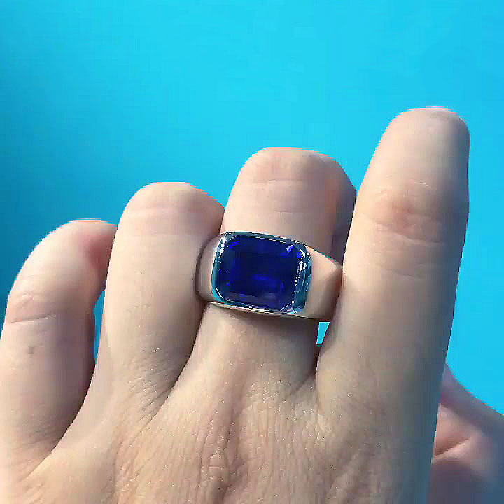 5ct Bezel Setting Emerald Cut Blue Sapphire Men's Engagement Ring
