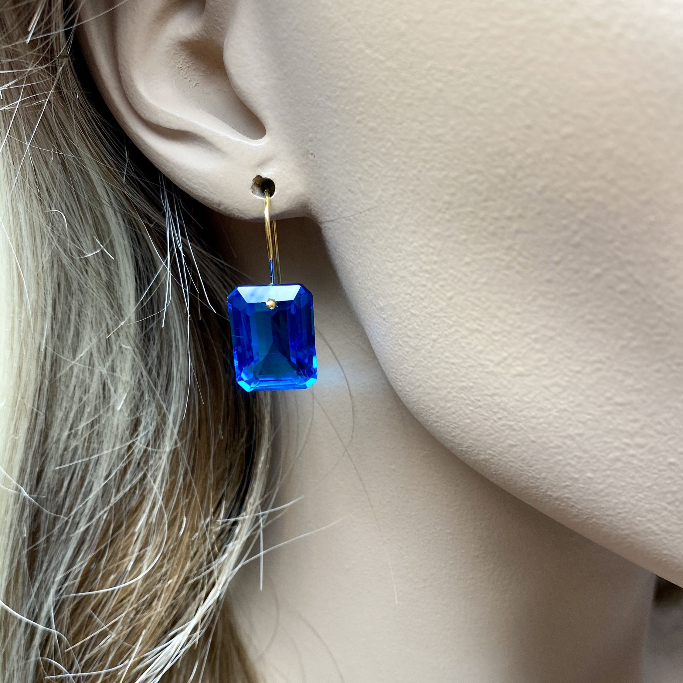 Emerald Cut Blue Sapphire Drop Earrings