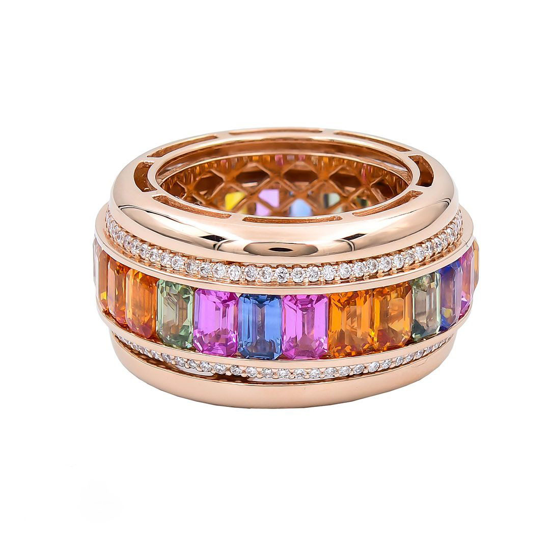 7.75ct Emerald Cut Rainbow Sapphire Eternity Ring