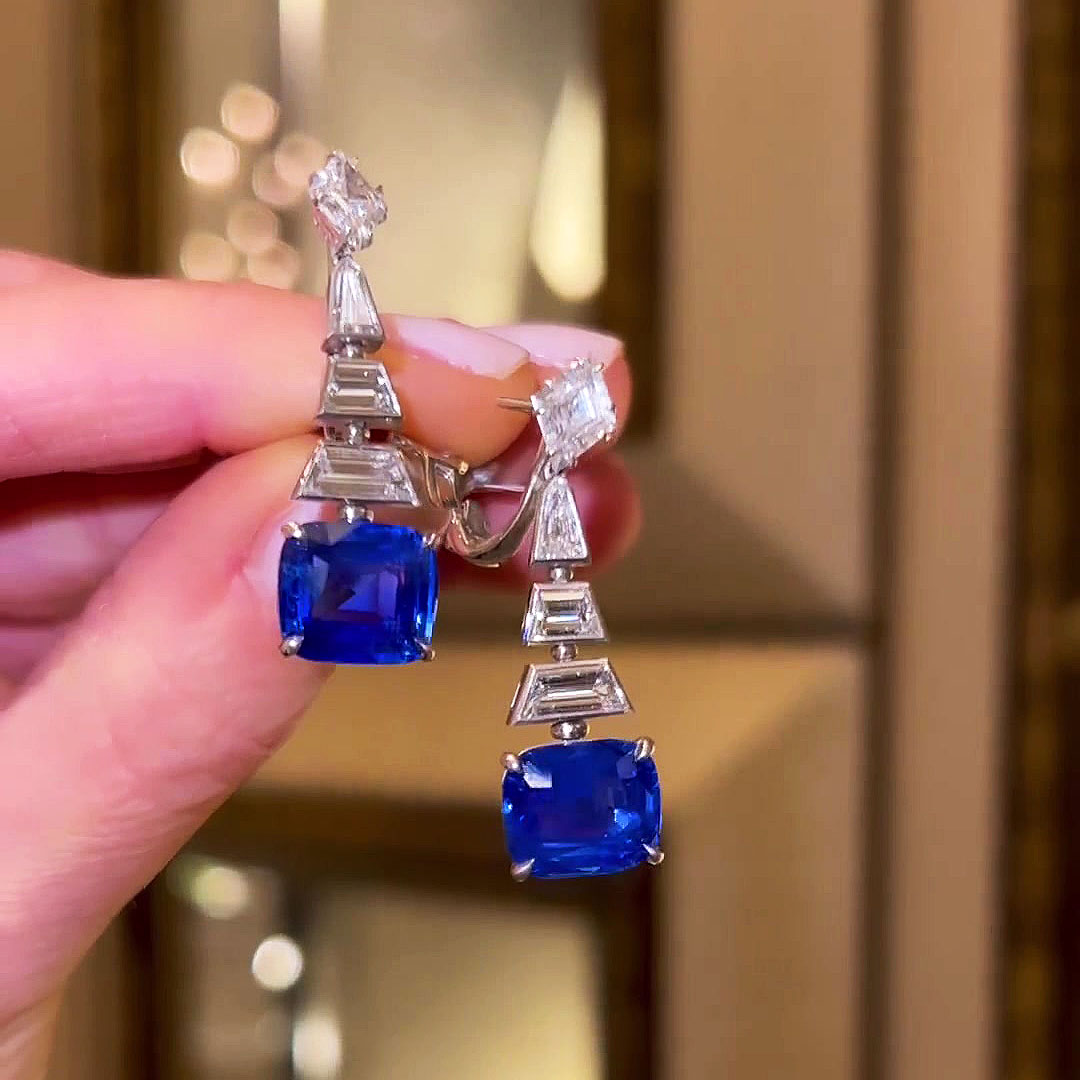 Cushion Cut Blue Sapphire Drop Earrings