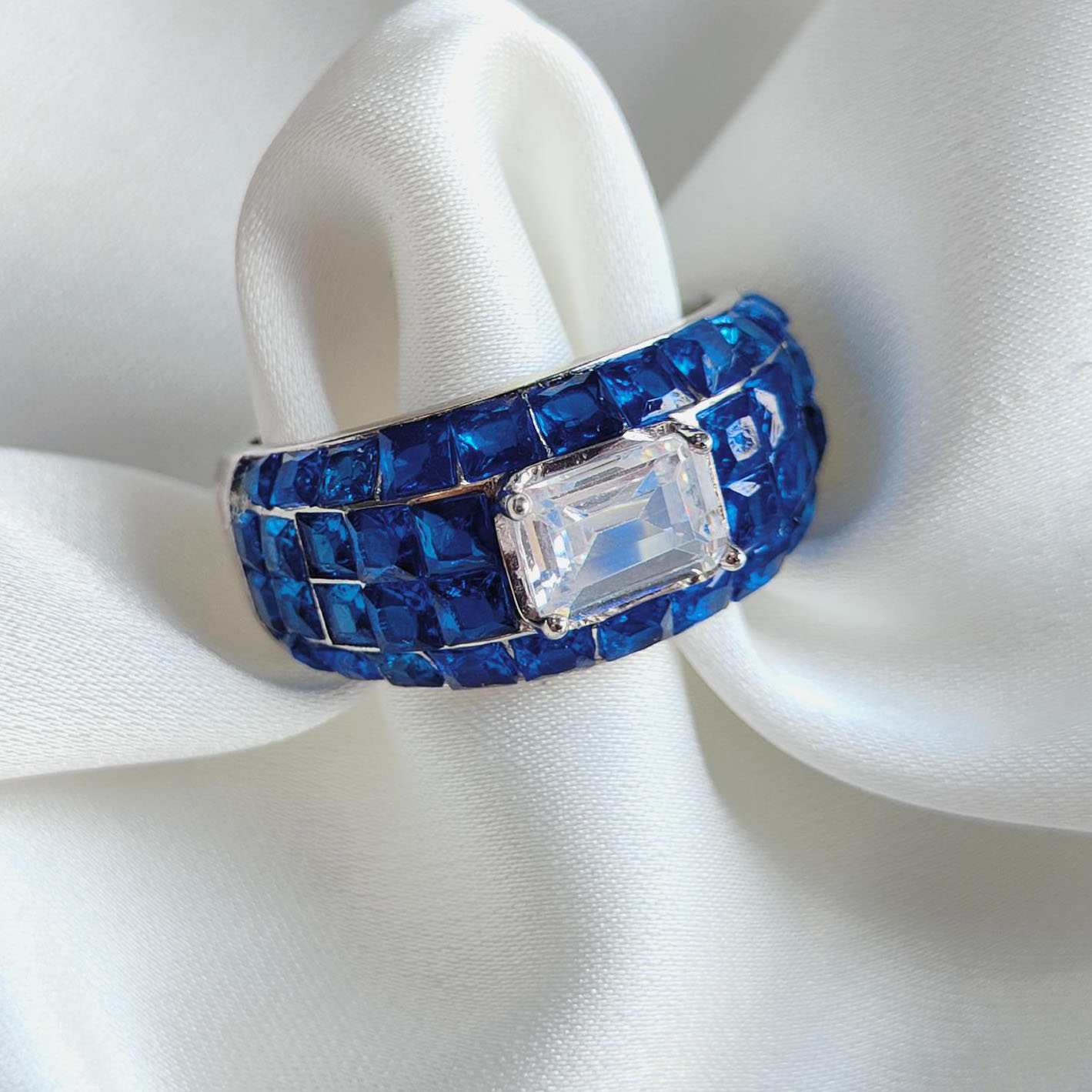3ct Emerald Cut Blue Sapphire Cocktail Ring