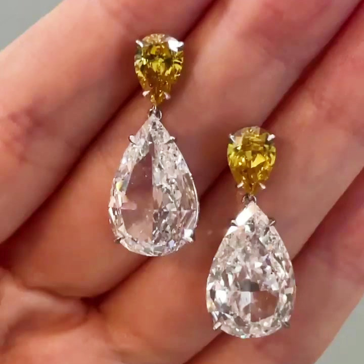 Pear Cut Yellow&White Sapphire Drop Earrings