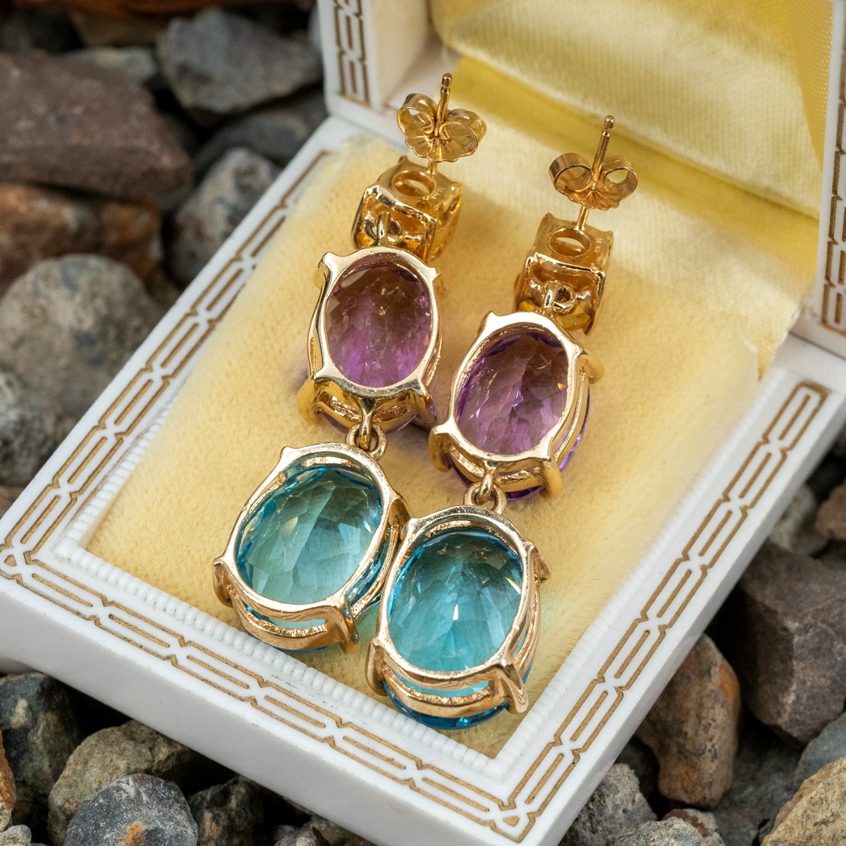 Oval Cut Aquamarine&Amethyst Sapphire Drop Earrings