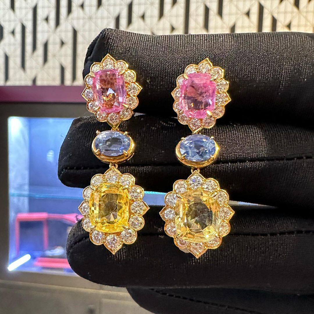 Cushion Cut Multicolored Sapphire Drop Earrings