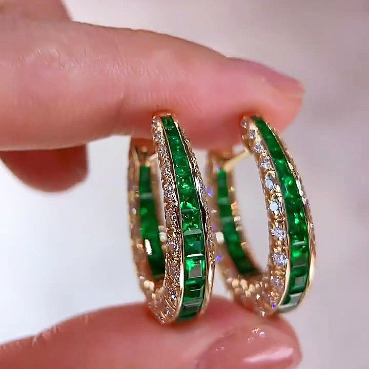 Round&Emerald Cut Emerald Green Sapphire Hoop Earrings