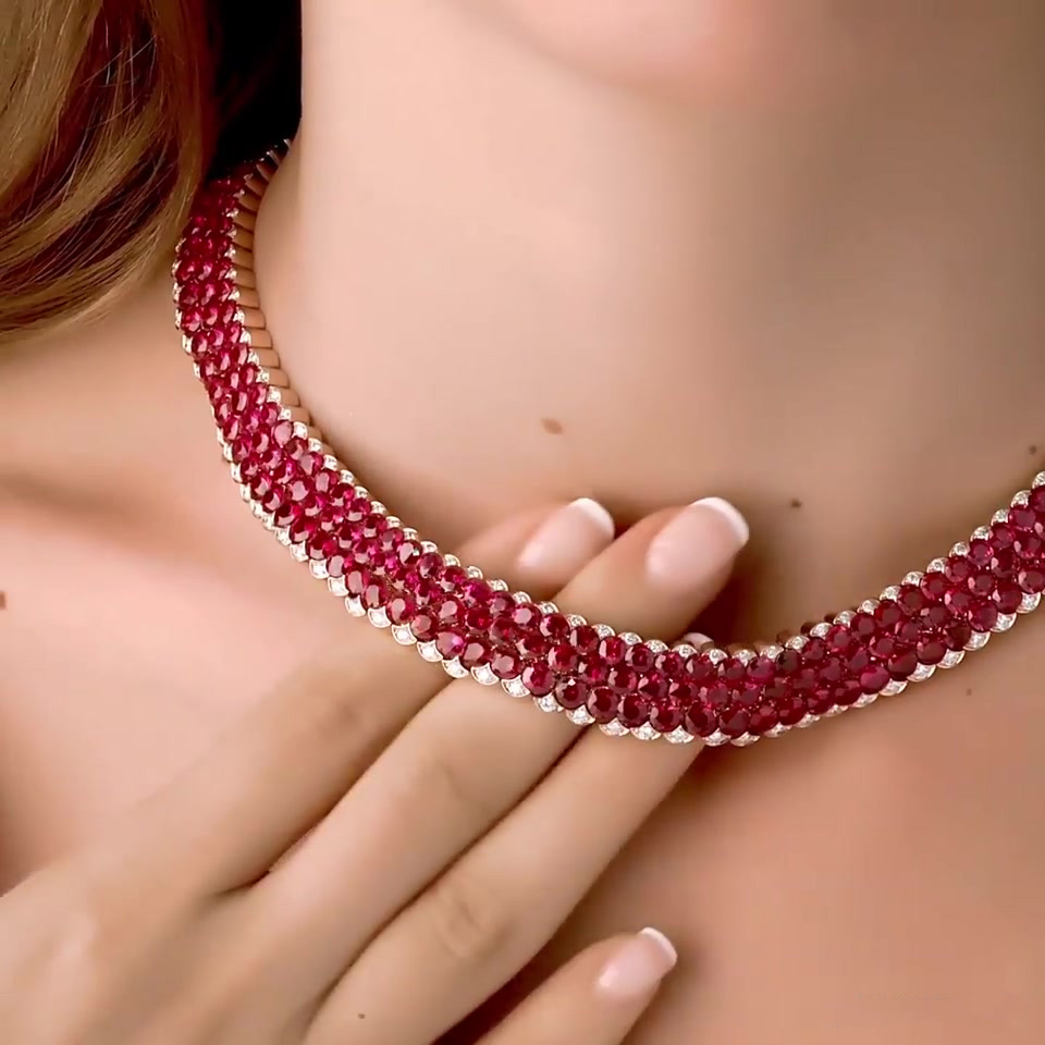 3-row Prong Setting Round Cut Ruby Sapphire Choker Necklace