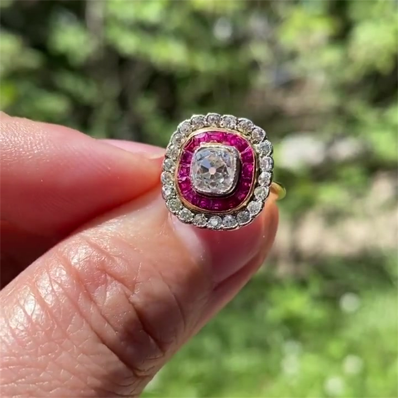 2.5ct Round&Tapered Baguette Cut Ruby Sapphire Engagement Ring