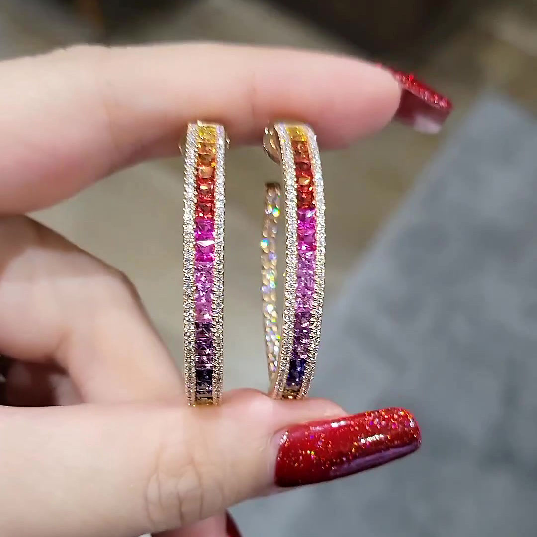 Princess Cut Rainbow Sapphire Hoop Earrings