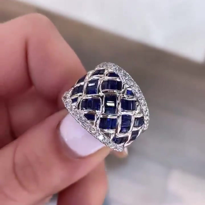 8.35ct Luxury Basket Weave Baguette Cut Blue & White Sapphire Eternity Ring