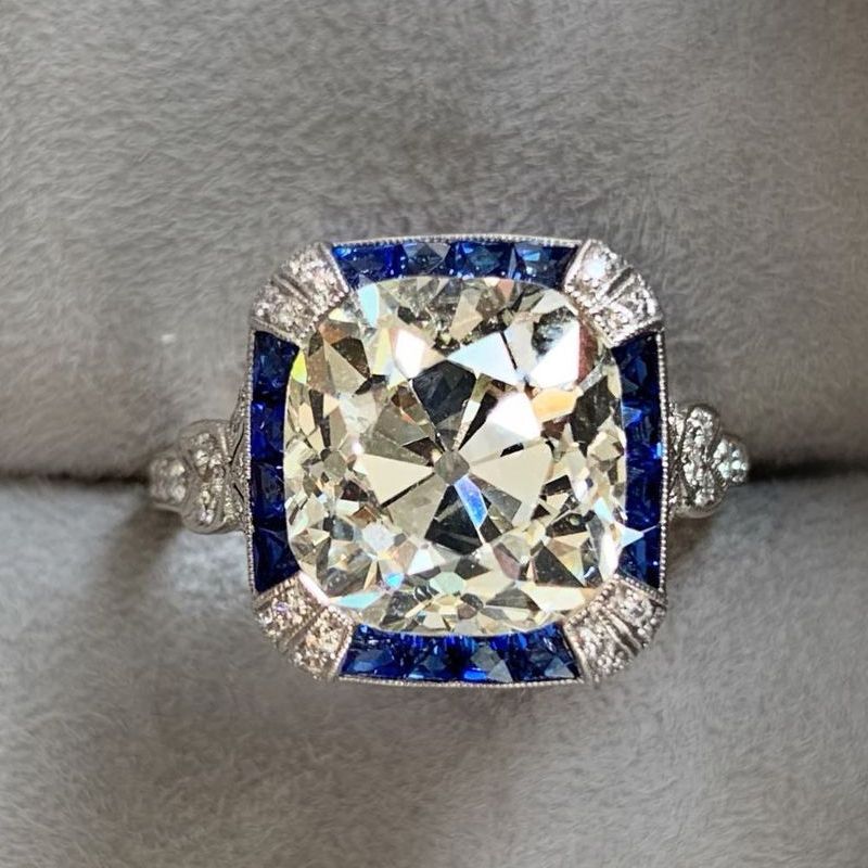 4.92ct Milgrain Blue and White Sapphire Engagement Ring
