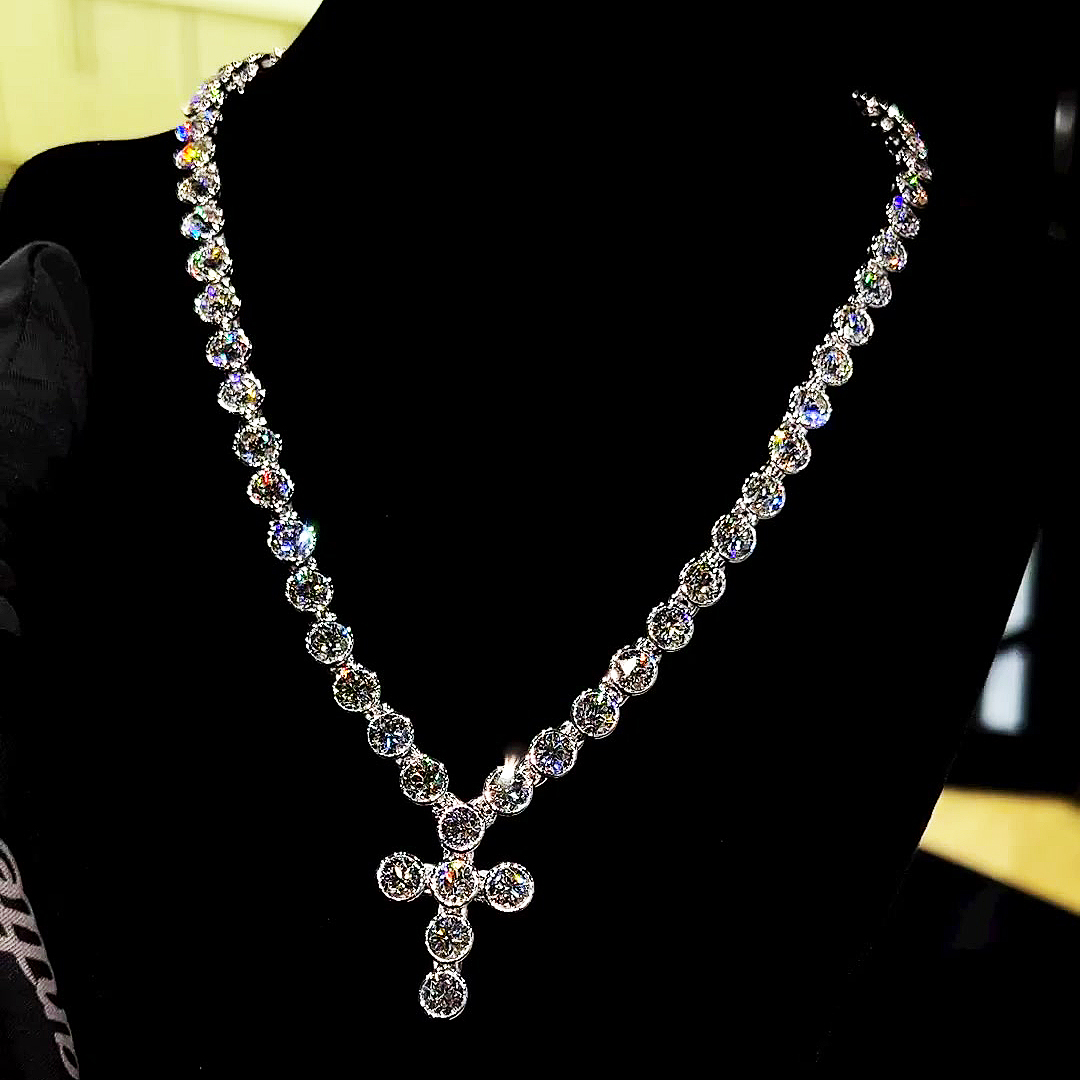 Round Cut White Sapphire Cross Necklace