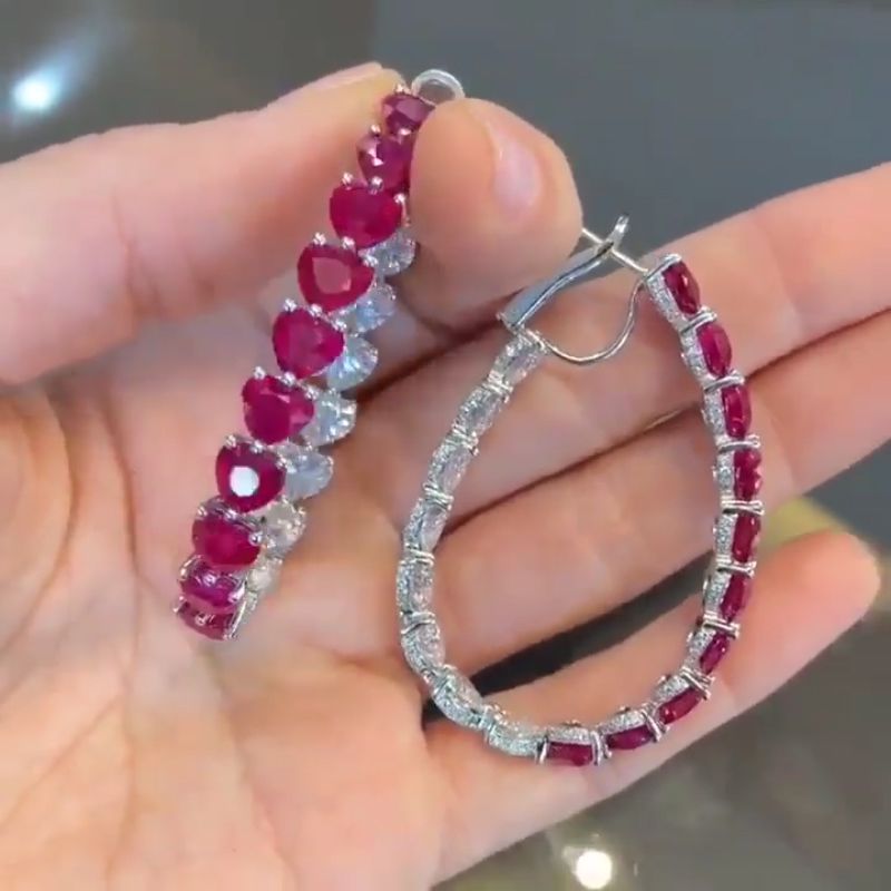 Heart Cut Ruby & White Hoop Earrings In Sterling Silver