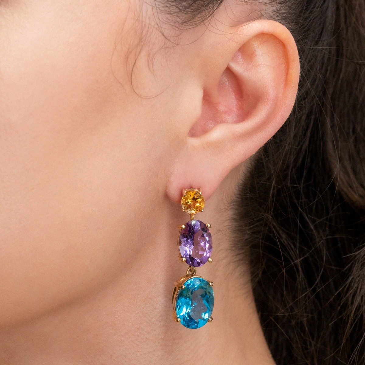 Oval Cut Aquamarine&Amethyst Sapphire Drop Earrings