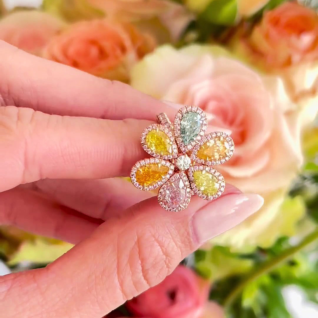 6ct Flower Design Pear Cut Rainbow Sapphire Engagement Ring