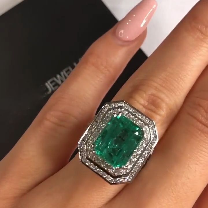 10ct Double Halo Emerald Cut Emerald Sapphire Engagement Ring
