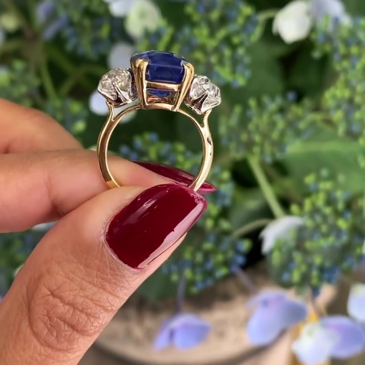 4ct Three-Stone Cushion Cut Blue Sapphire Engagement Ring