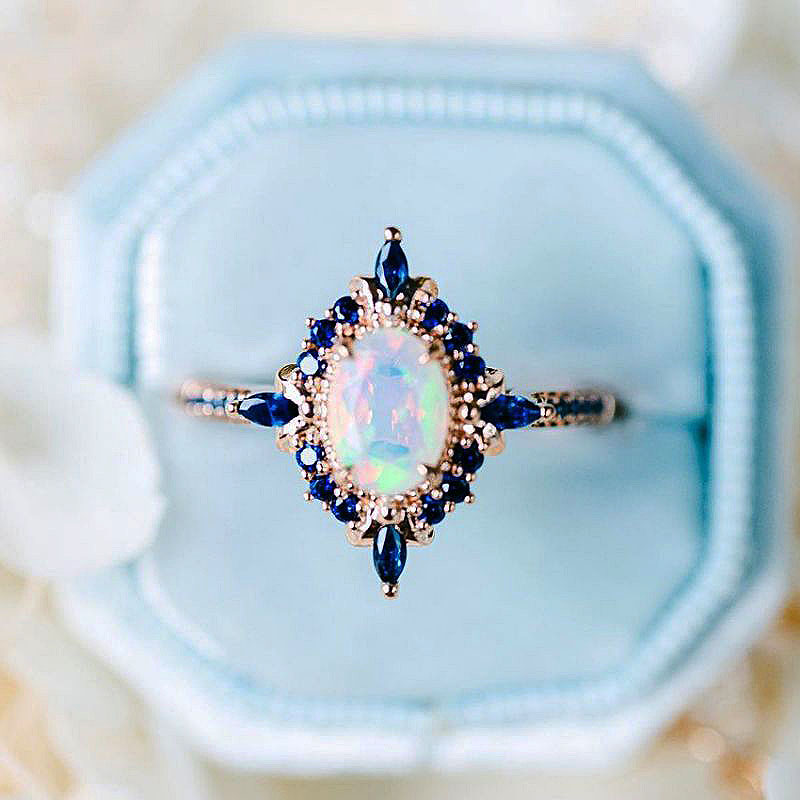 3ct Halo Oval Cut Opal&Blue Sapphire Engagement Ring