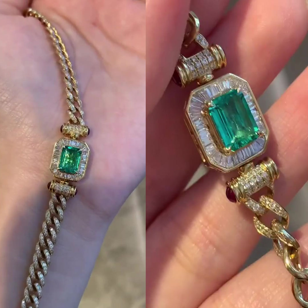 Cuban Chain Emerald Cut Green Sapphire Bracelet