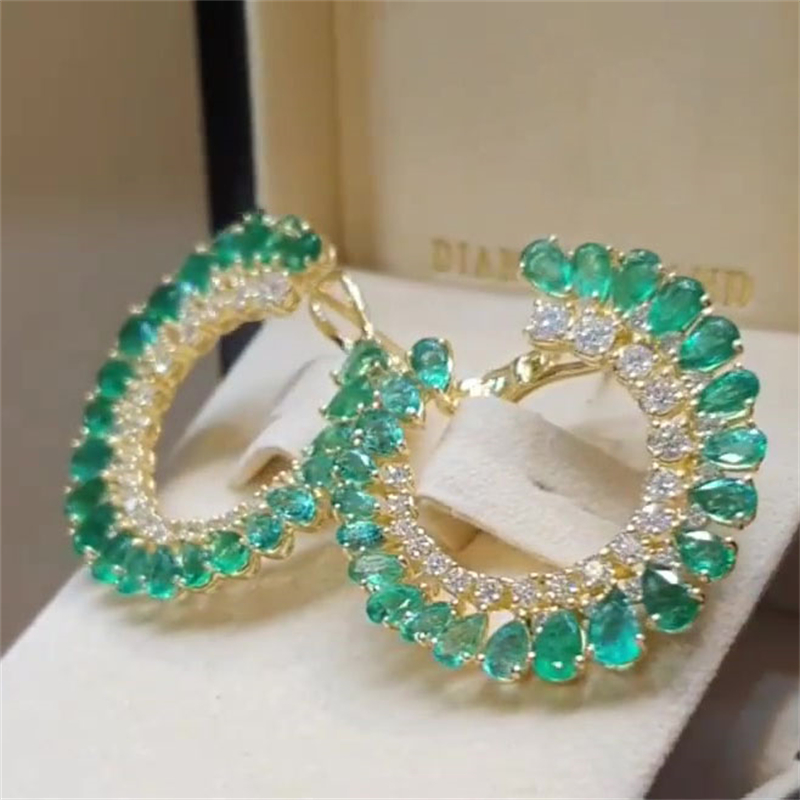 Two Row Two Tone Pear&Round Cut Green&White Sapphire Hoop Earrings
