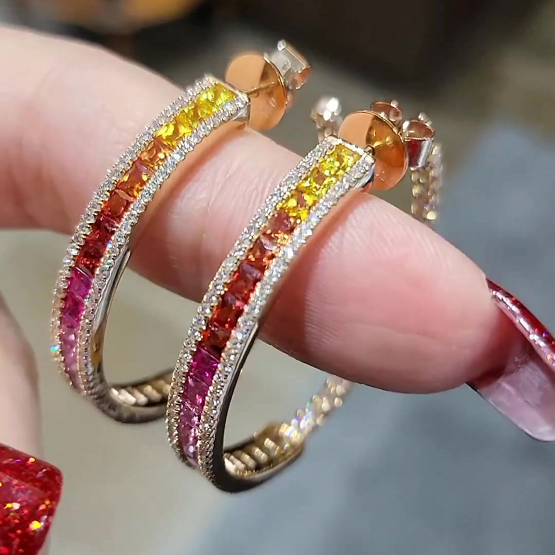 Princess Cut Rainbow Sapphire Hoop Earrings