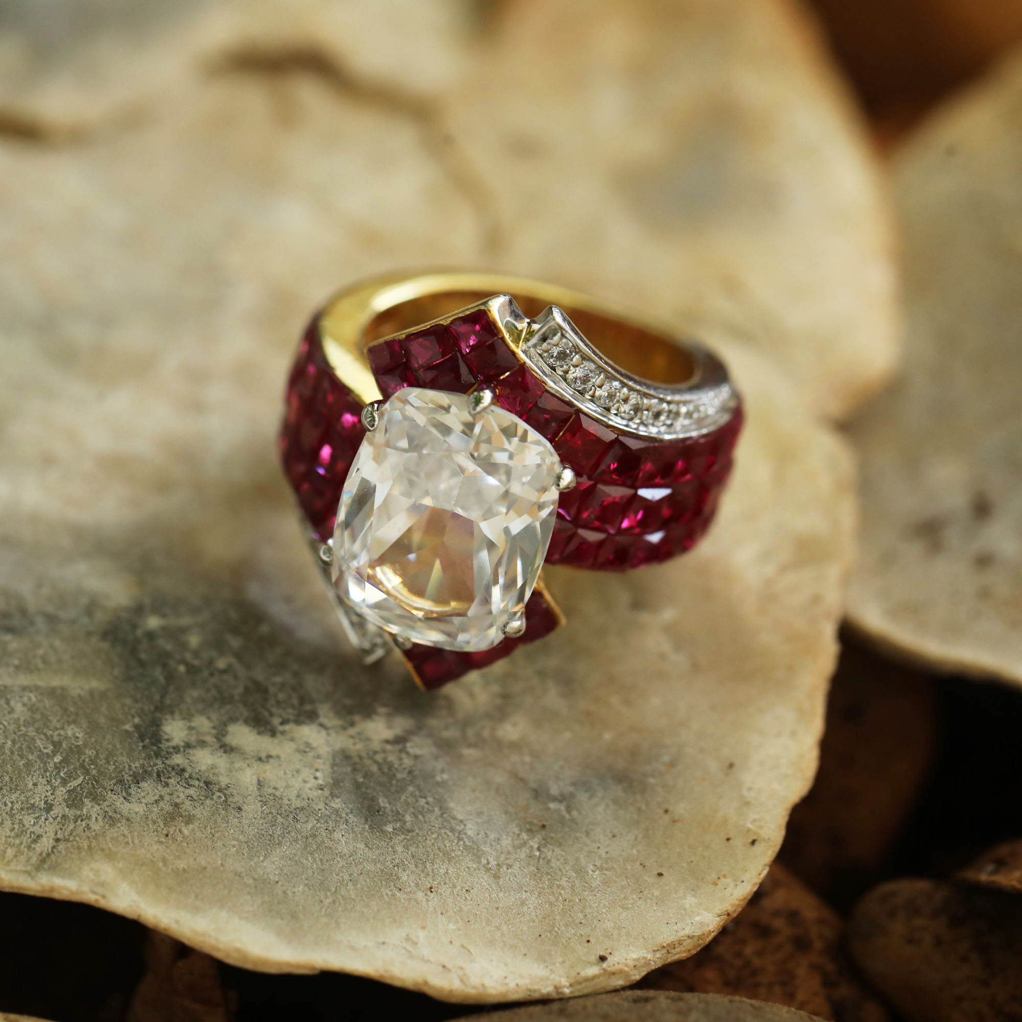 6ct Cushion Cut White&Ruby Ladies Cocktail Ring