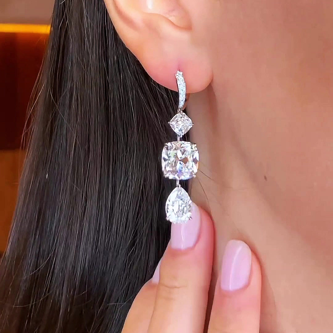 Cushion&Pear Cut White Sapphire Drop Earrings
