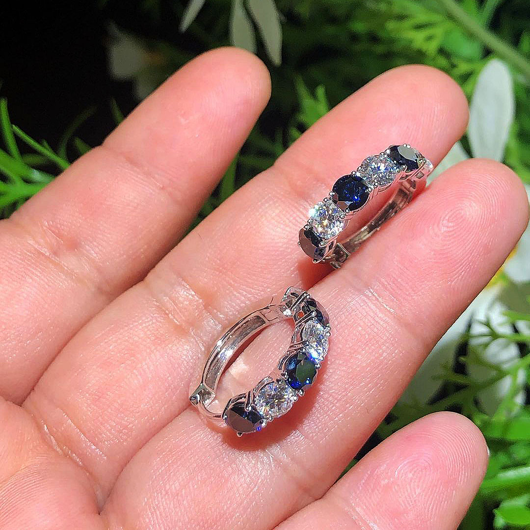 Round Cut Blue Sapphire Hoop Earrings