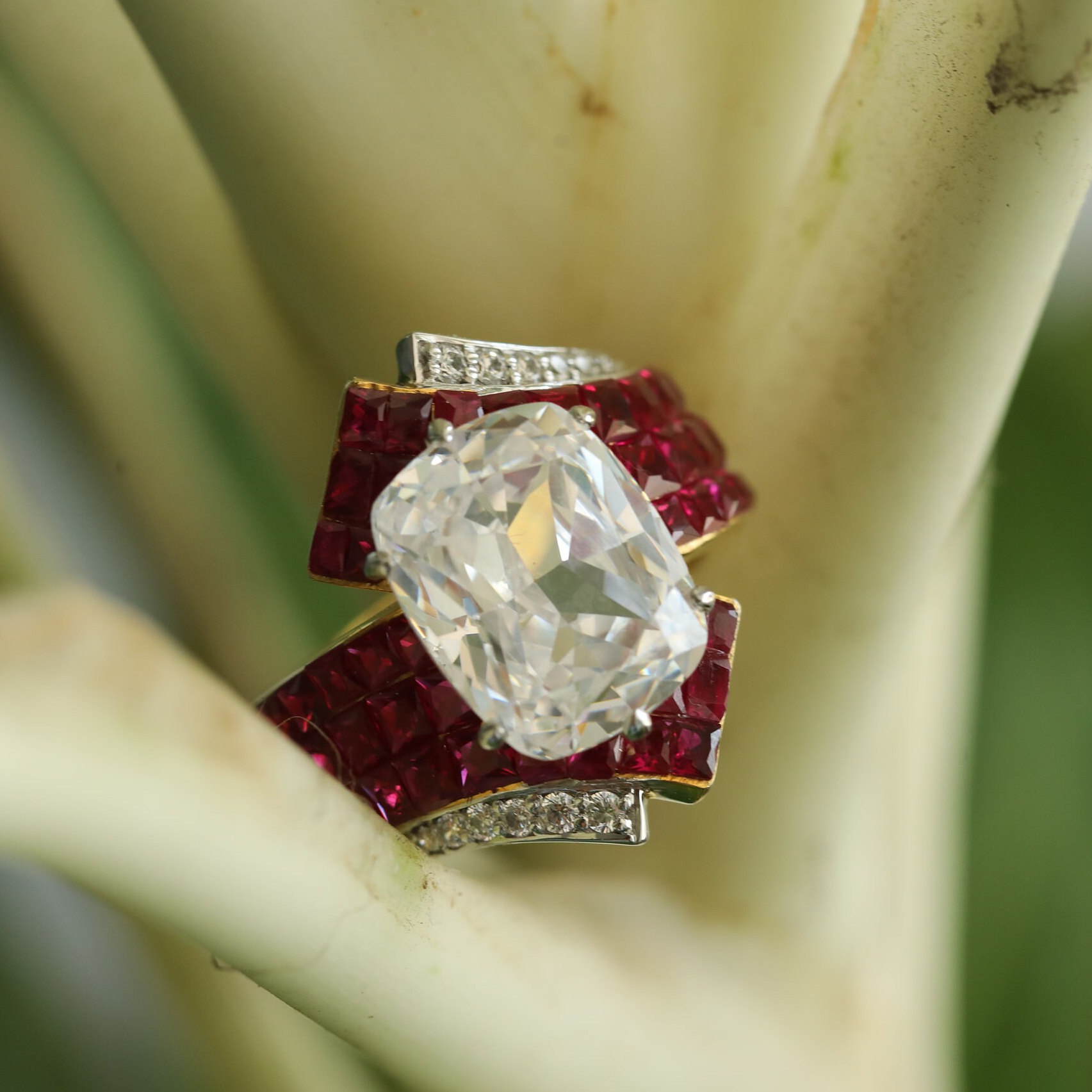 6ct Cushion Cut White&Ruby Ladies Cocktail Ring