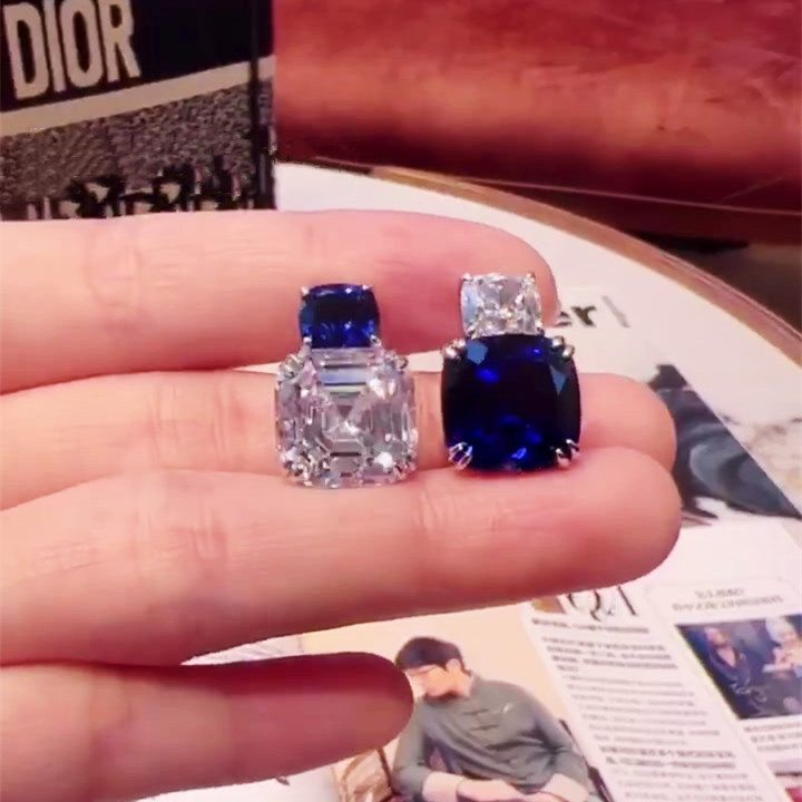 Asscher&Cushion Cut Blue Sapphire Drop Earrings