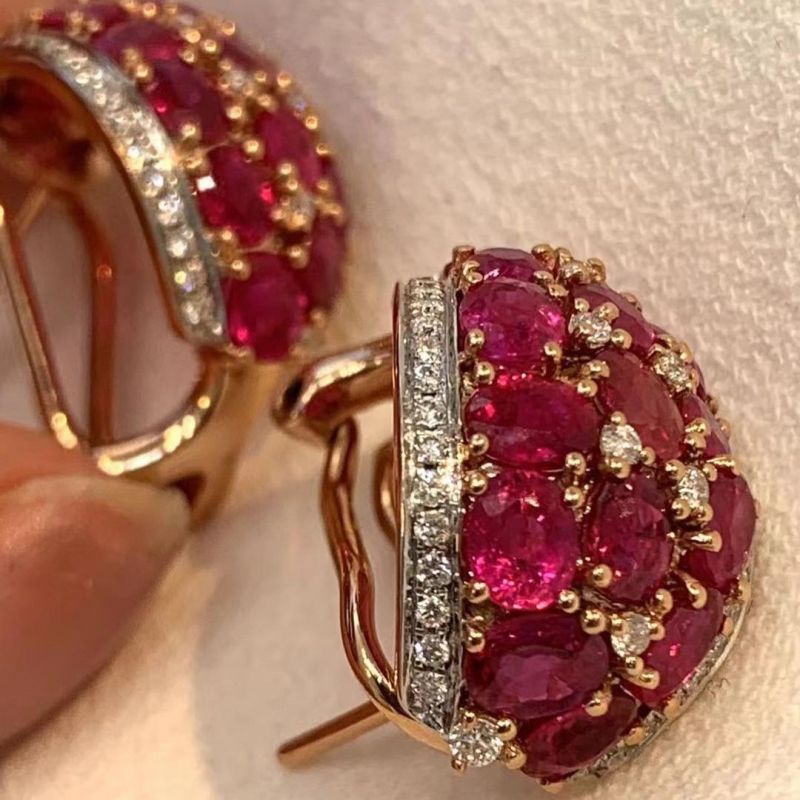 Oval Cut Rose Gold Italian Style Ruby Sapphire Hoops Earrings