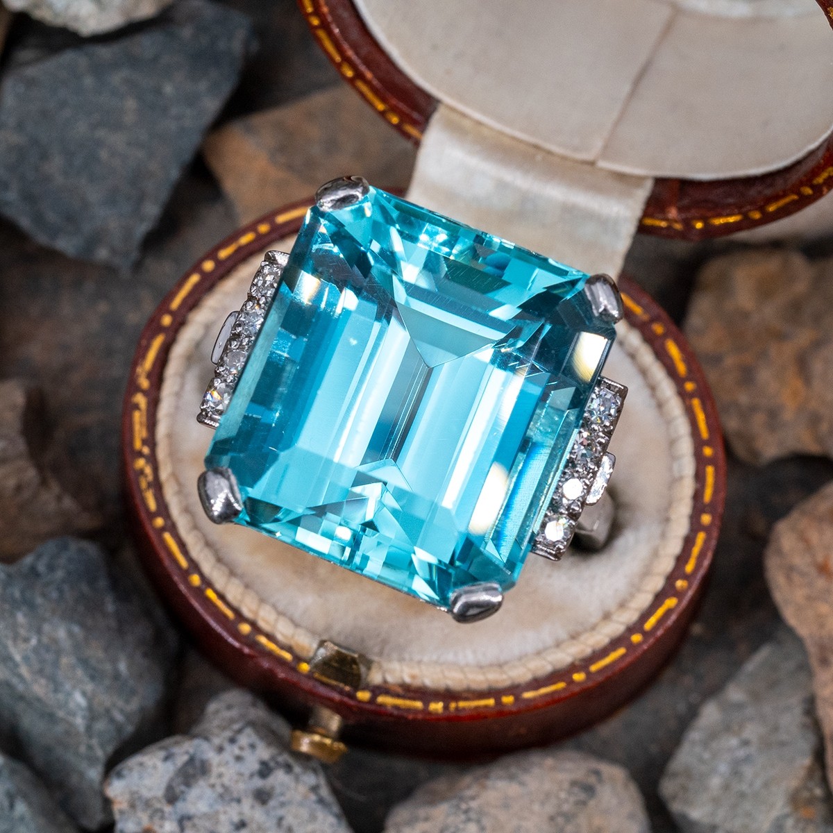8ct Vintage Emerald Cut Aquamarine Sapphire Cocktail Ring