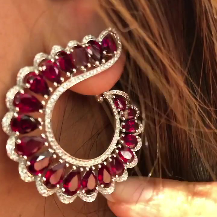 Pear Cut Ruby &White Sapphire Hoop Earrings