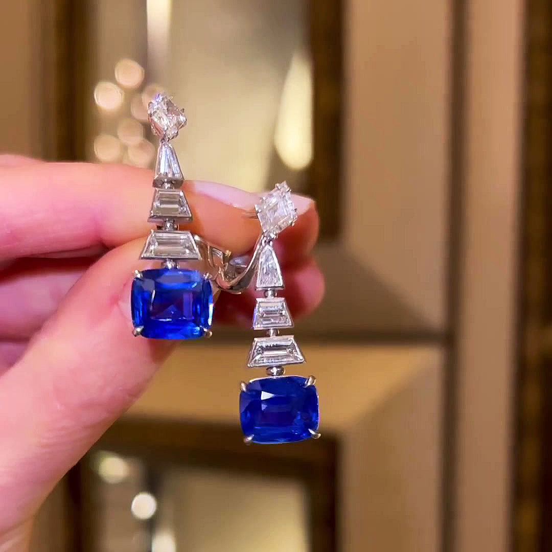 Cushion Cut Blue Sapphire Drop Earrings