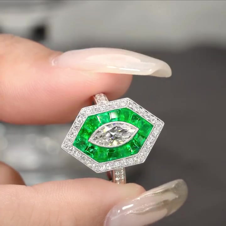 3ct Art Deco Emerald Halo Marquise Cut White Sapphire Ring