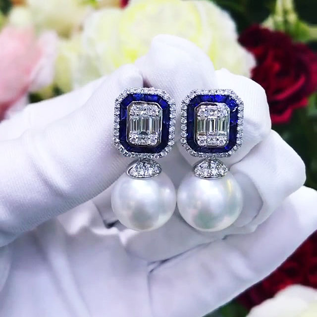 Baguette&Round Cut Blue Sapphire Drop Earrings with Pearl