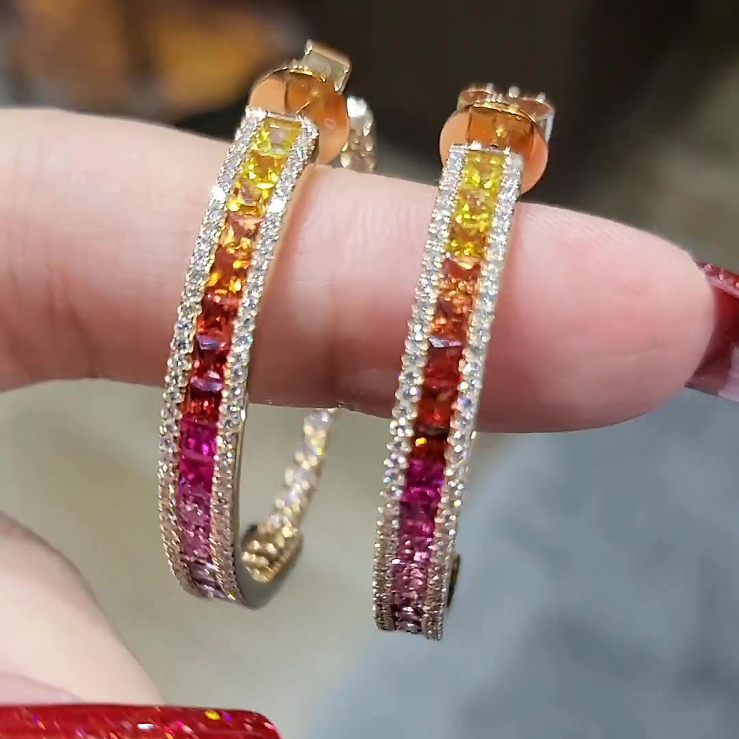Princess Cut Rainbow Sapphire Hoop Earrings