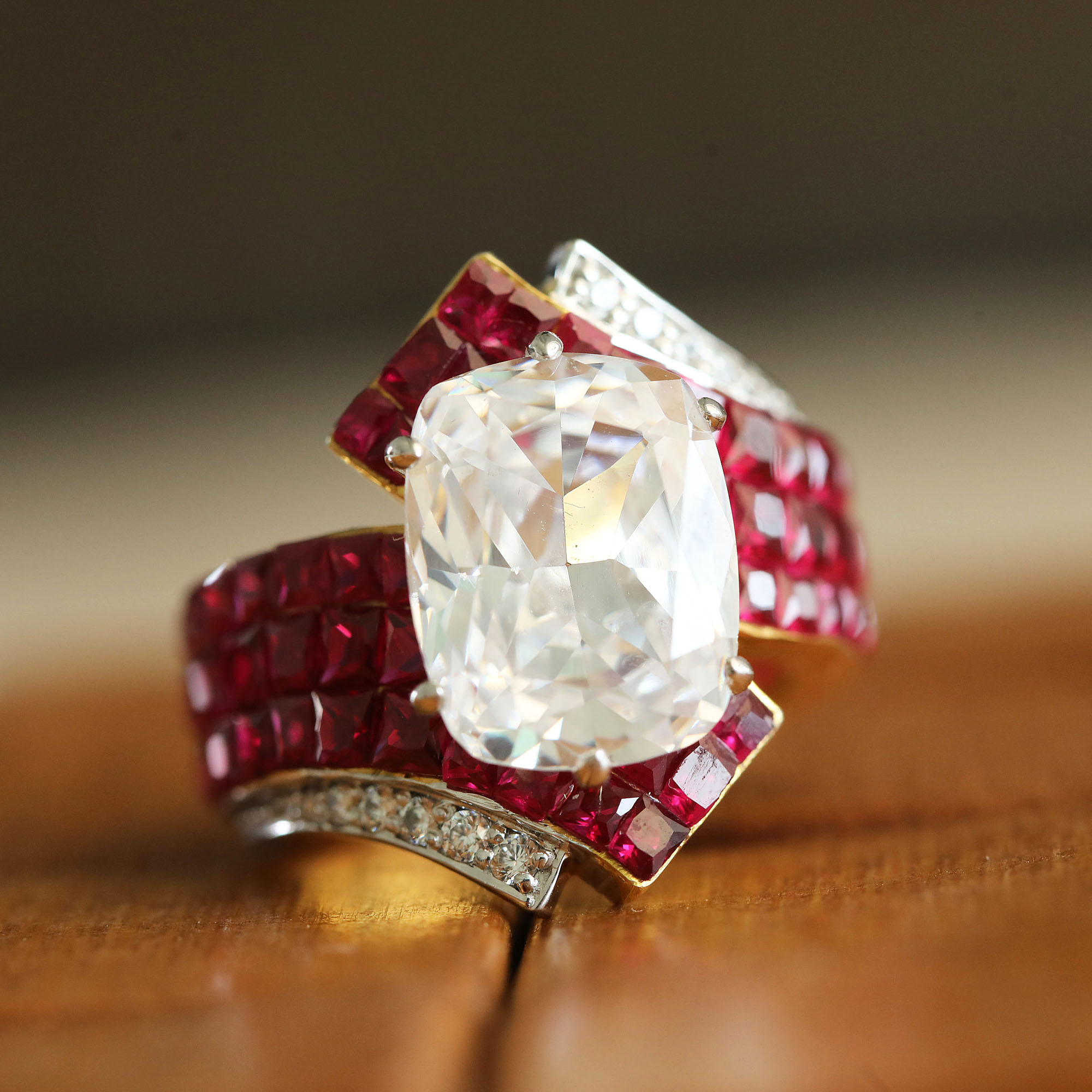 6ct Cushion Cut White&Ruby Ladies Cocktail Ring