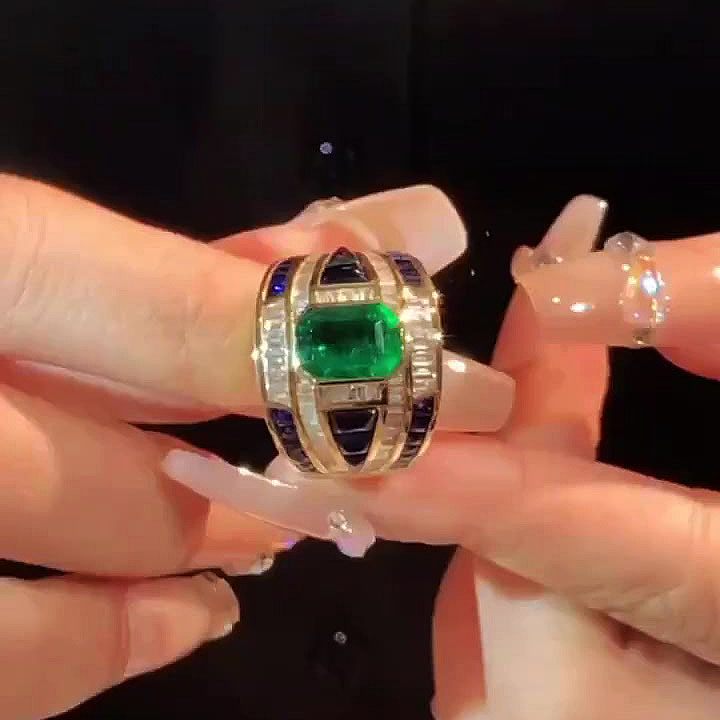 3ct Emerald Cut Emerald Sapphire Cocktail Ring
