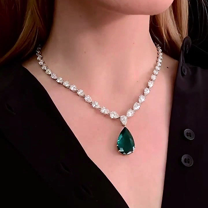 Pear Cut Emerald Sapphire Pendant Necklace
