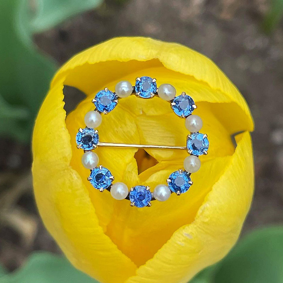 Round Cut Aquamarine Sapphire Brooch with Pearls