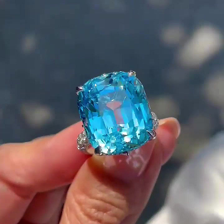 7ct Cushion Cut Aquamarine Sapphire Engagement Ring
