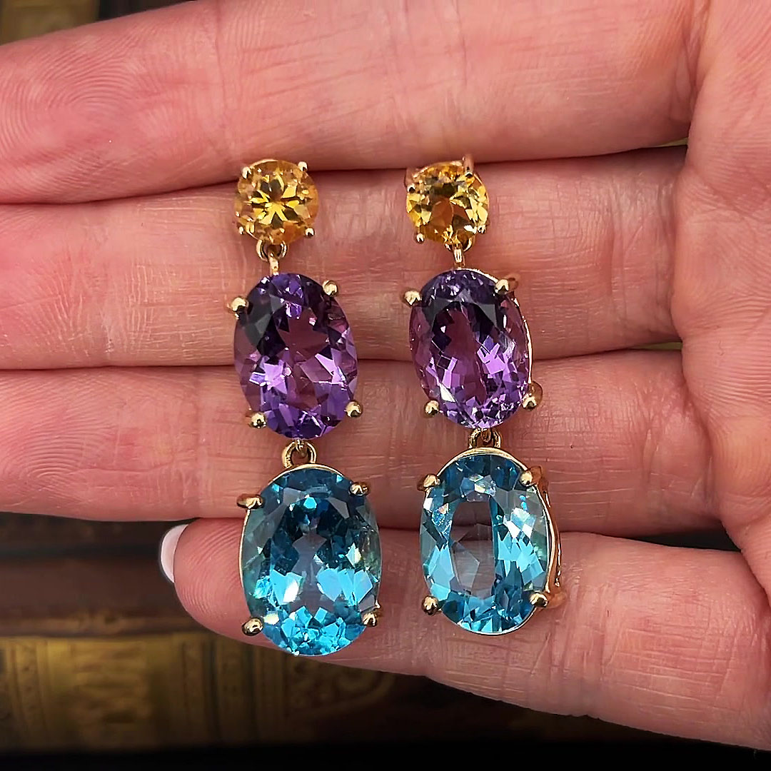 Oval Cut Aquamarine&Amethyst Sapphire Drop Earrings