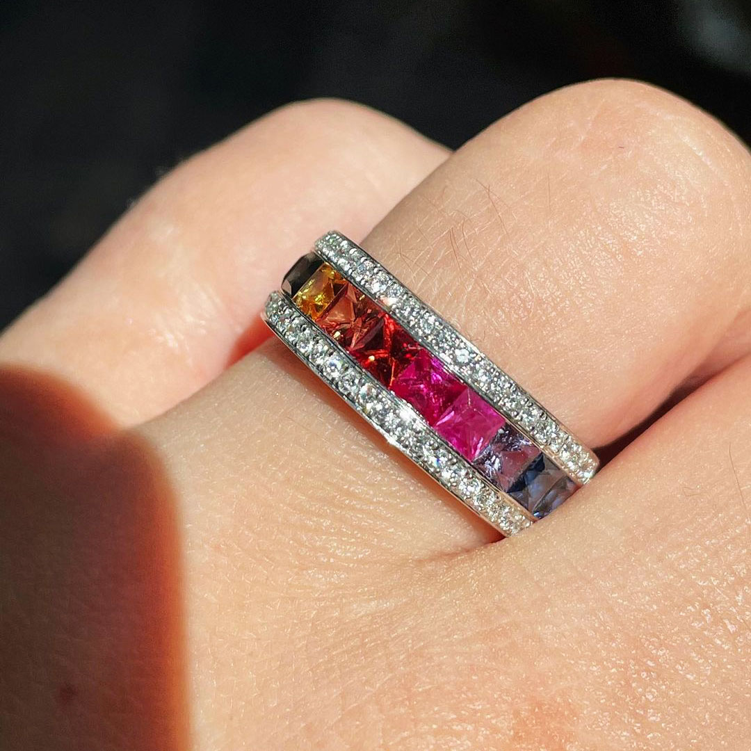 3.75ct Princess Cut Rainbow Sapphire Eternity Ring