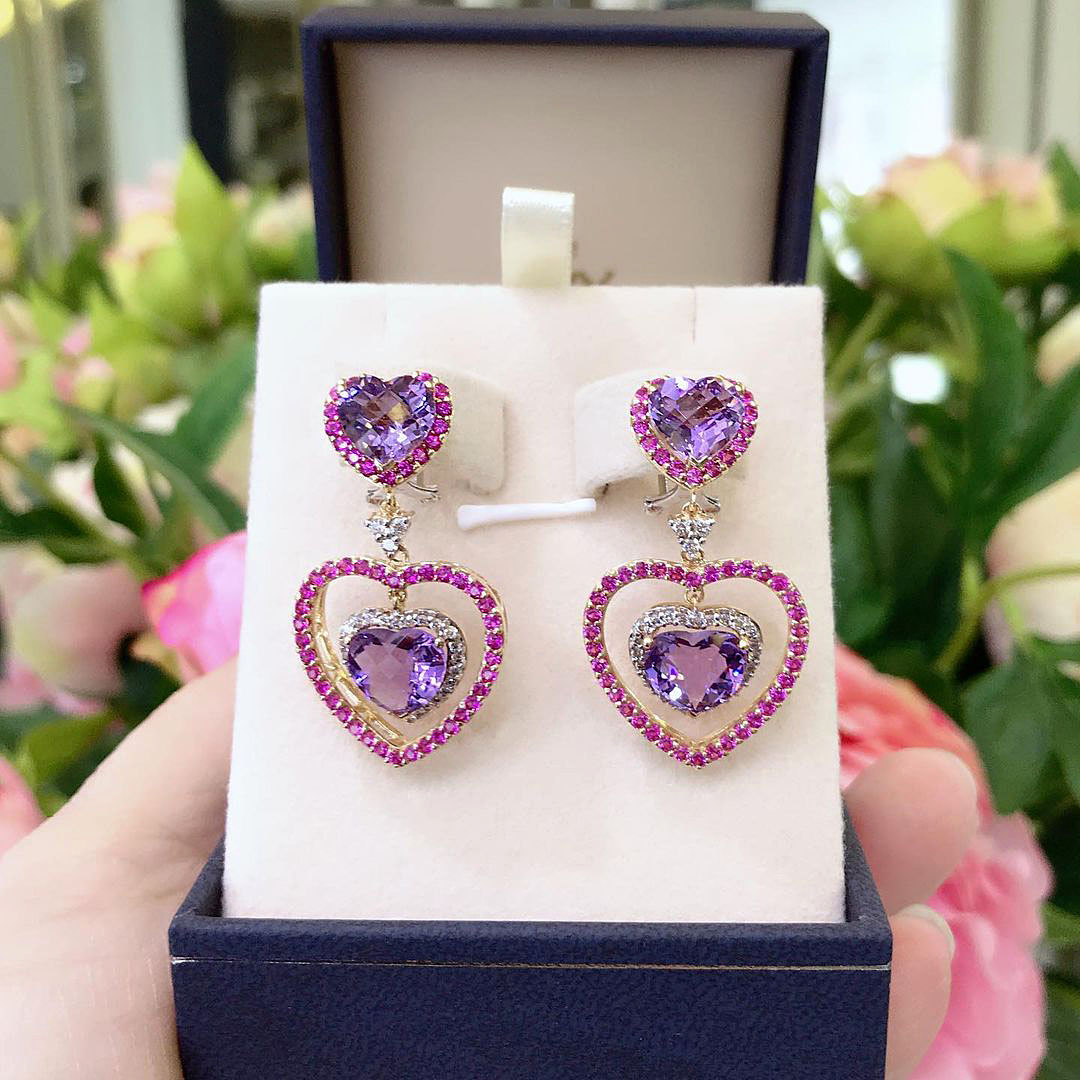 Heart Cut Amethyst Sapphire Drop Earrings