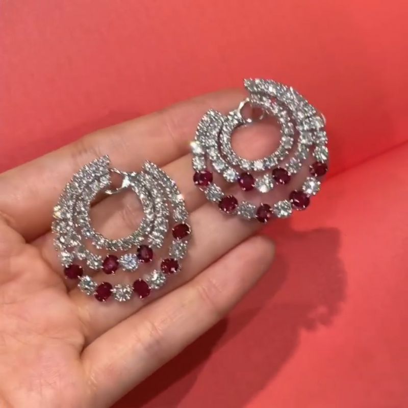 Swirl Round&Oval Cut Ruby Sapphire Hoop Earrings