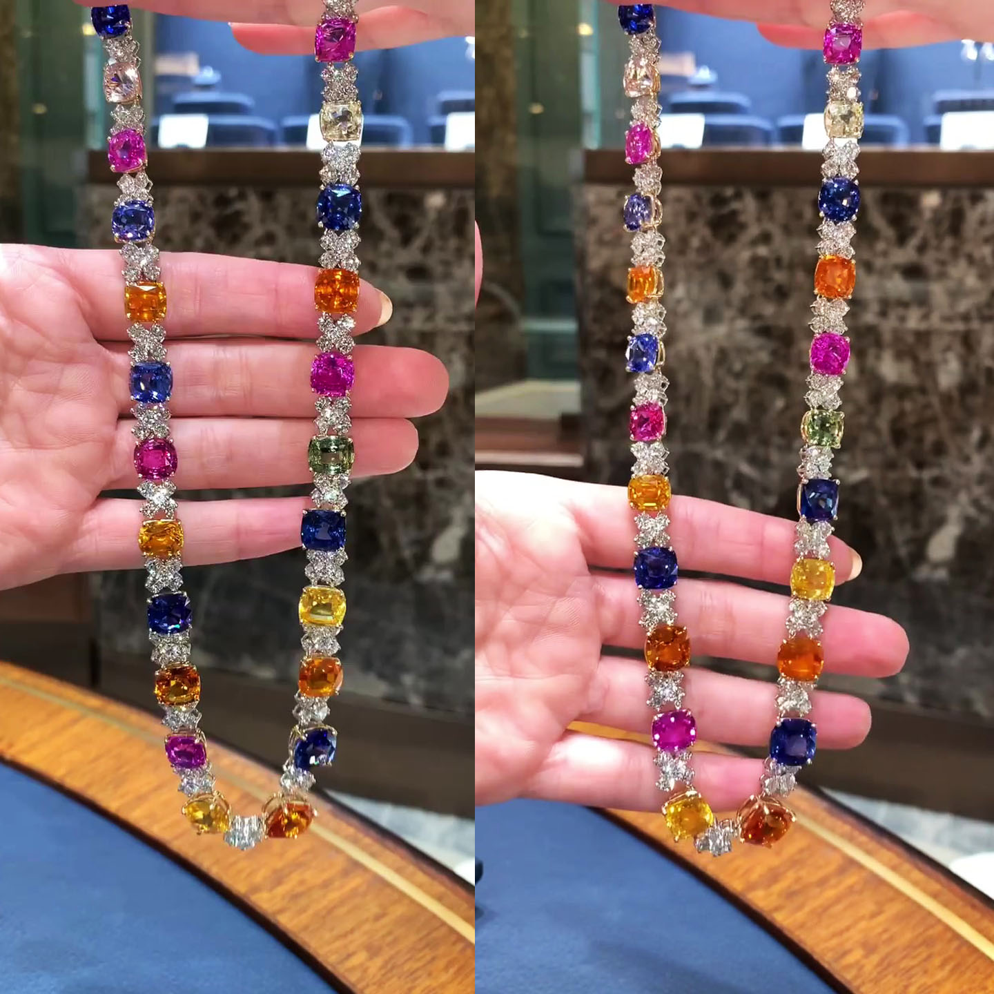 Cushion Cut Rainbow Sapphire Necklace