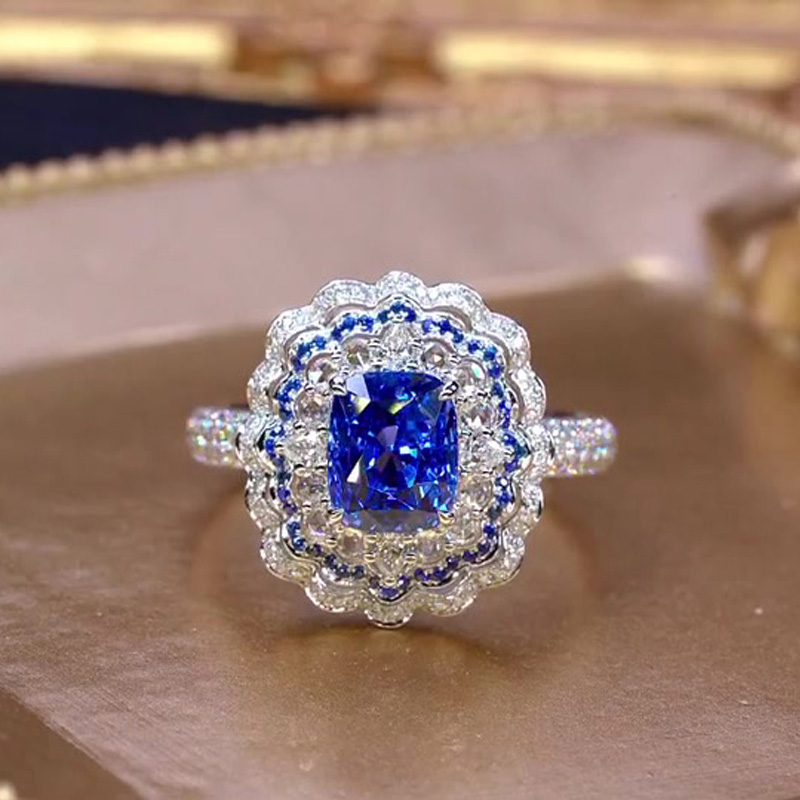 4ct Art Deco Halo Cushion Cut Blue Sapphire Engagement Ring