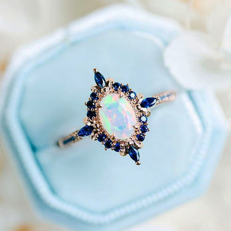 3ct Halo Oval Cut Opal&Blue Sapphire Engagement Ring